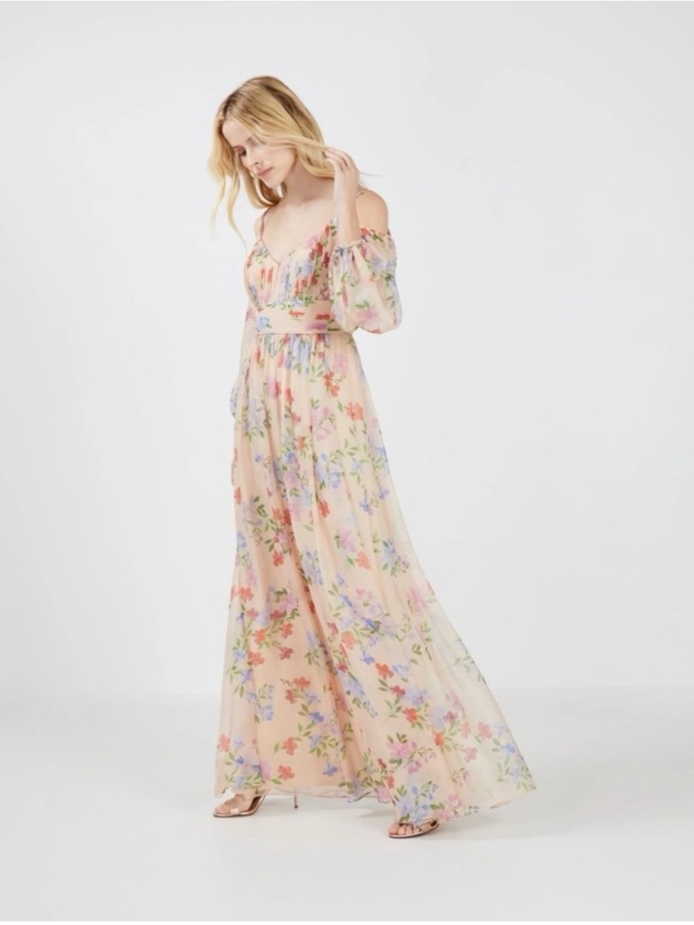 BCBGMaxAzria One-Shoulder Floral Maxi Dress in Blush and Multi